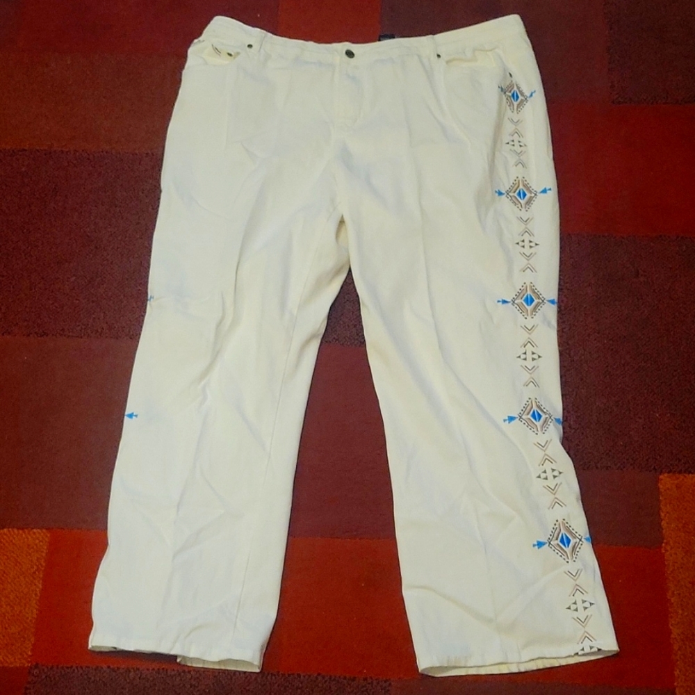 Midnight Velvet White Slacks with decorative blue detail